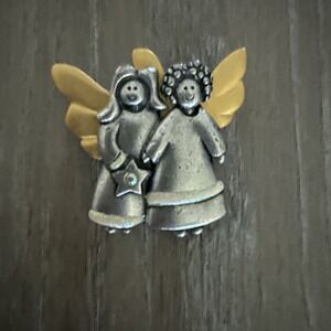 AJMC Vintage Pin‎ Brooch Angels Antique Silver Tone with Gold Wings Silver Star